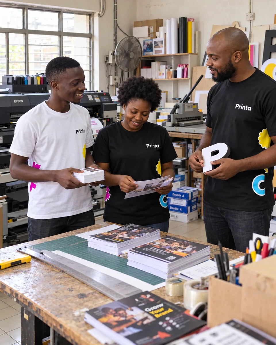 Illustrated studio scene of Black creatives collaborating in black and white Printa shirts
